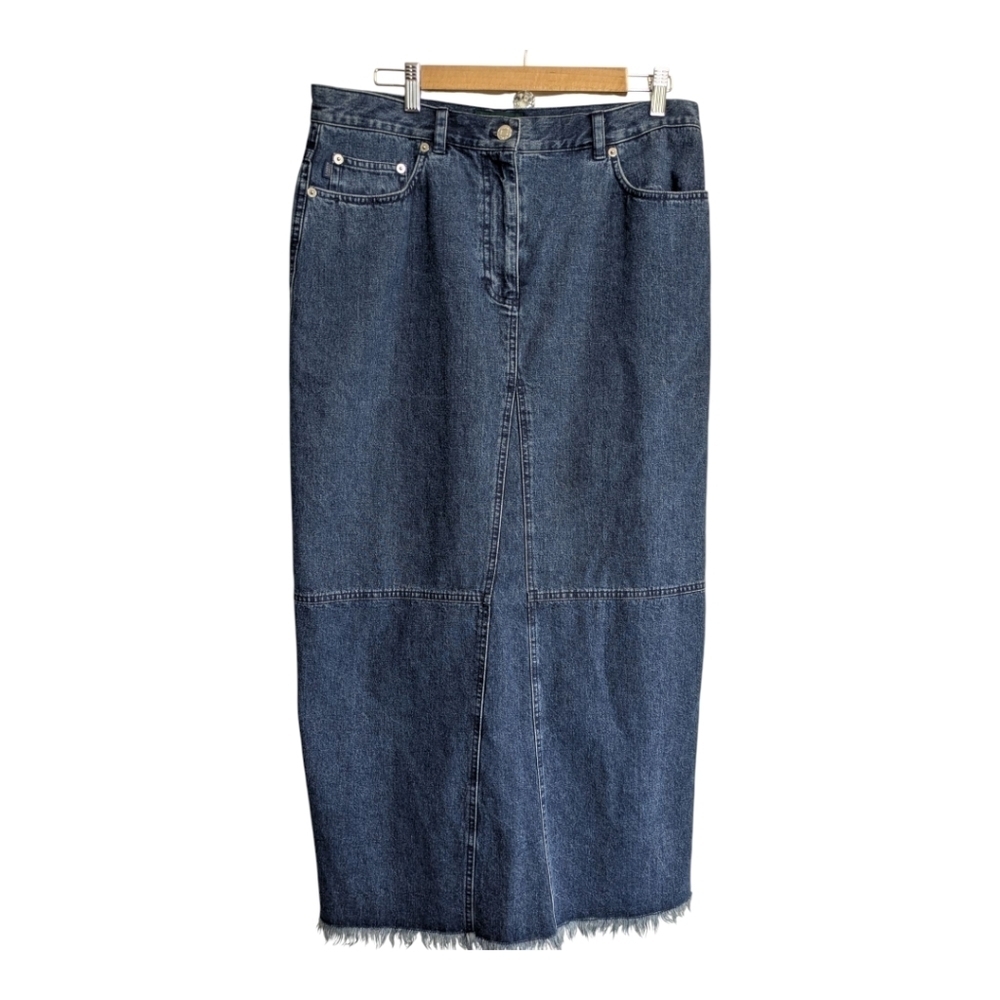 Lauren Ralph Lauren Long Denim Jean Skirt Fringe Vintage Patchwork Western